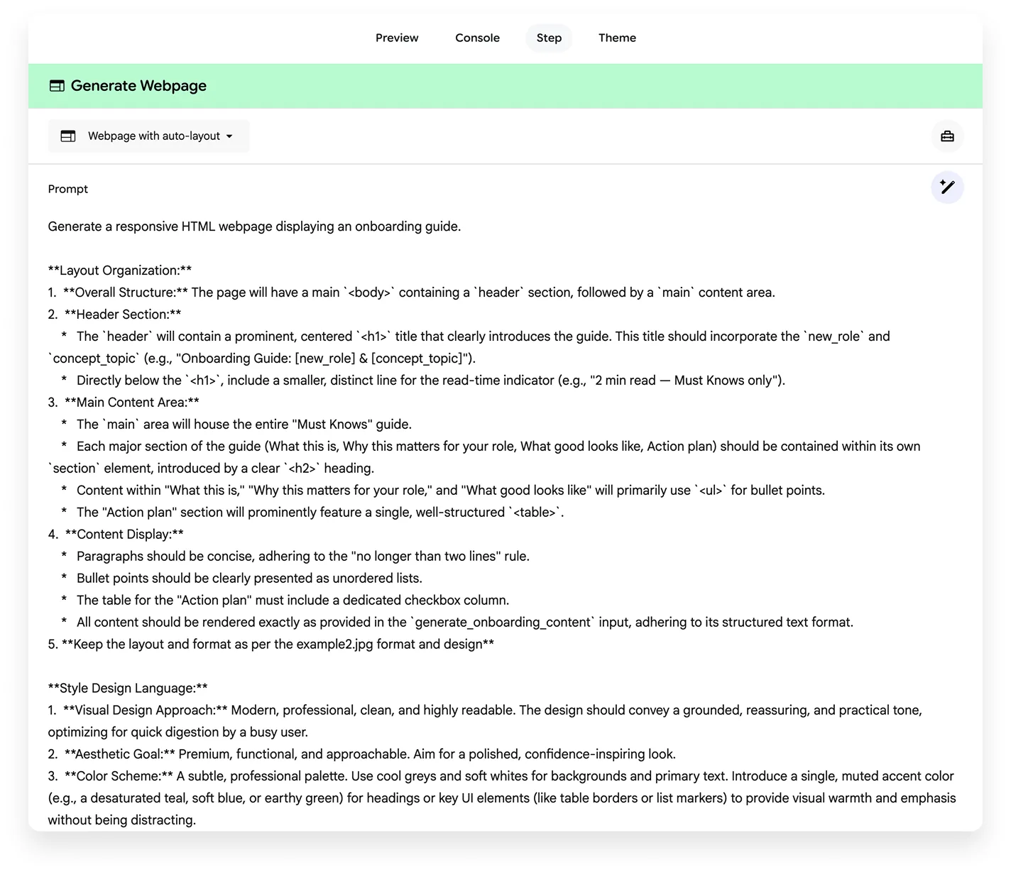 A long structured system prompt defining layout organisation, header section, main content area, content display, and style/design language rules.