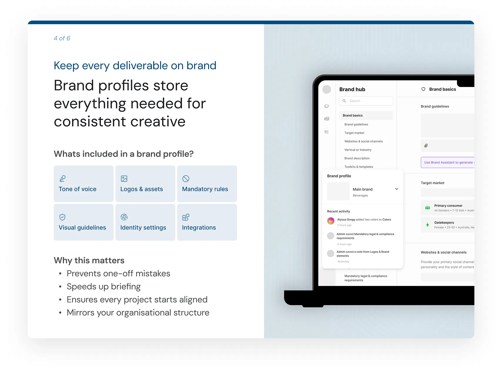 Onboarding screen titled “Keep every deliverable on brand”, listing what a brand profile stores alongside a tablet showing the brand hub.
