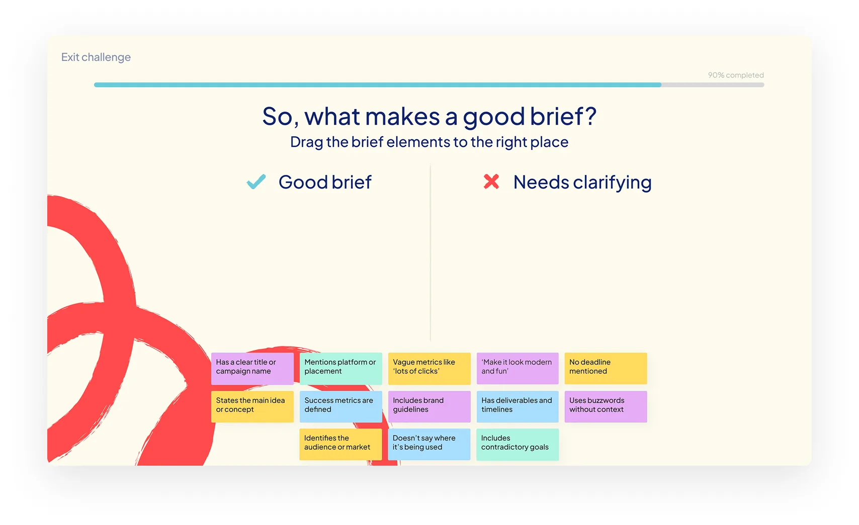 Module screen headed “So, what makes a good brief?” with coloured cards to be dragged into Good brief or Needs clarifying columns.