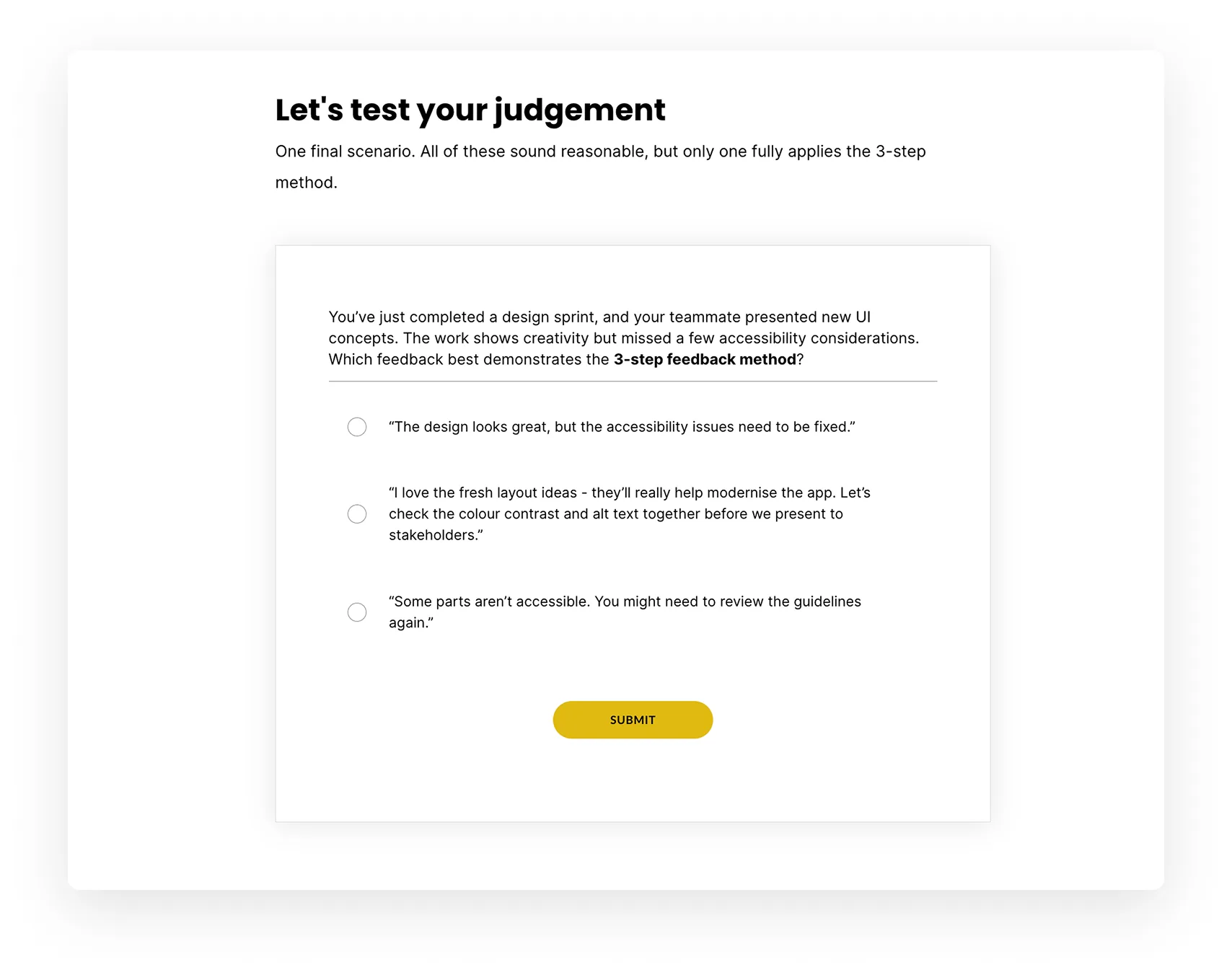 Module screen headed “Let’s test your judgement” with three multiple-choice feedback responses and a Submit button.