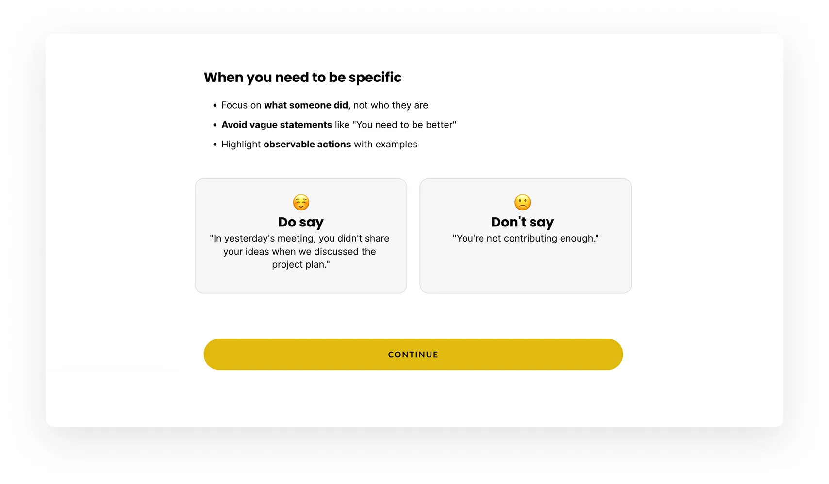Module screen comparing a “Do say” and “Don’t say” example of feedback side by side, with a yellow Continue button.