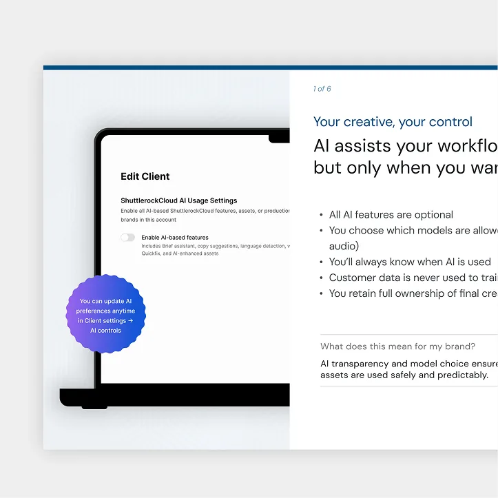 Onboarding screens explaining how AI assists a creative workflow.