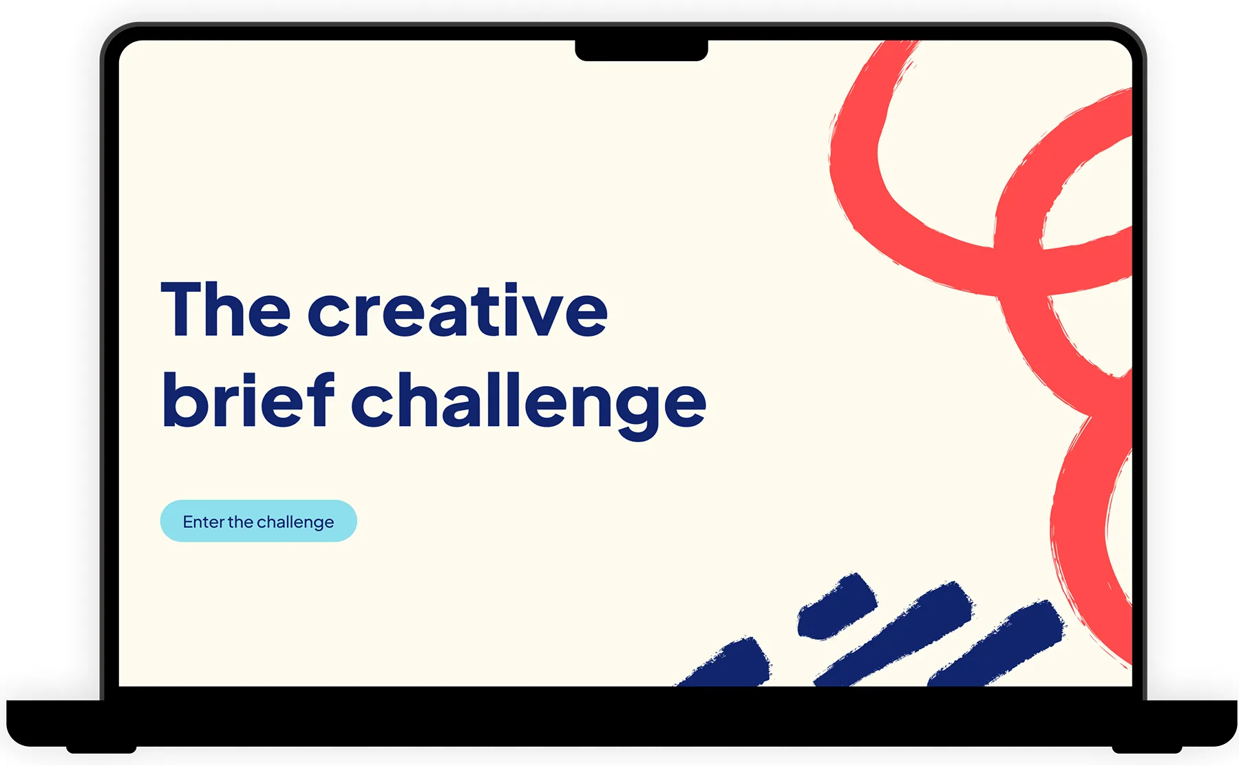A laptop showing the module title screen: “The creative brief challenge”, with an Enter the challenge button.