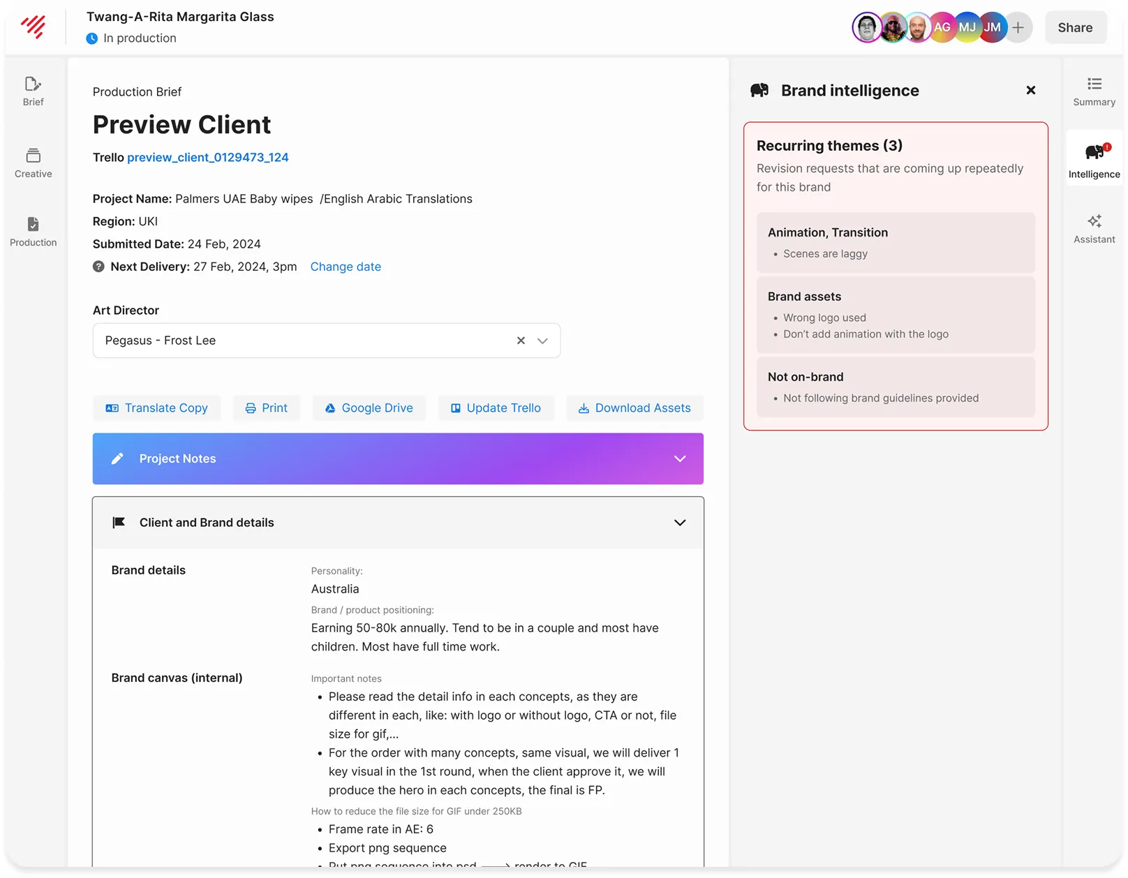 An early concept screen showing recurring brand themes clustered from revision comments, surfaced to production users.
