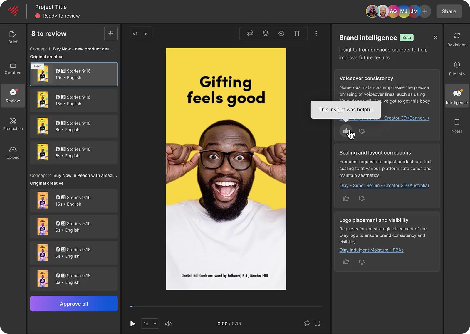 The final Brand Intelligence concept shown in the review stage of the production workflow.
