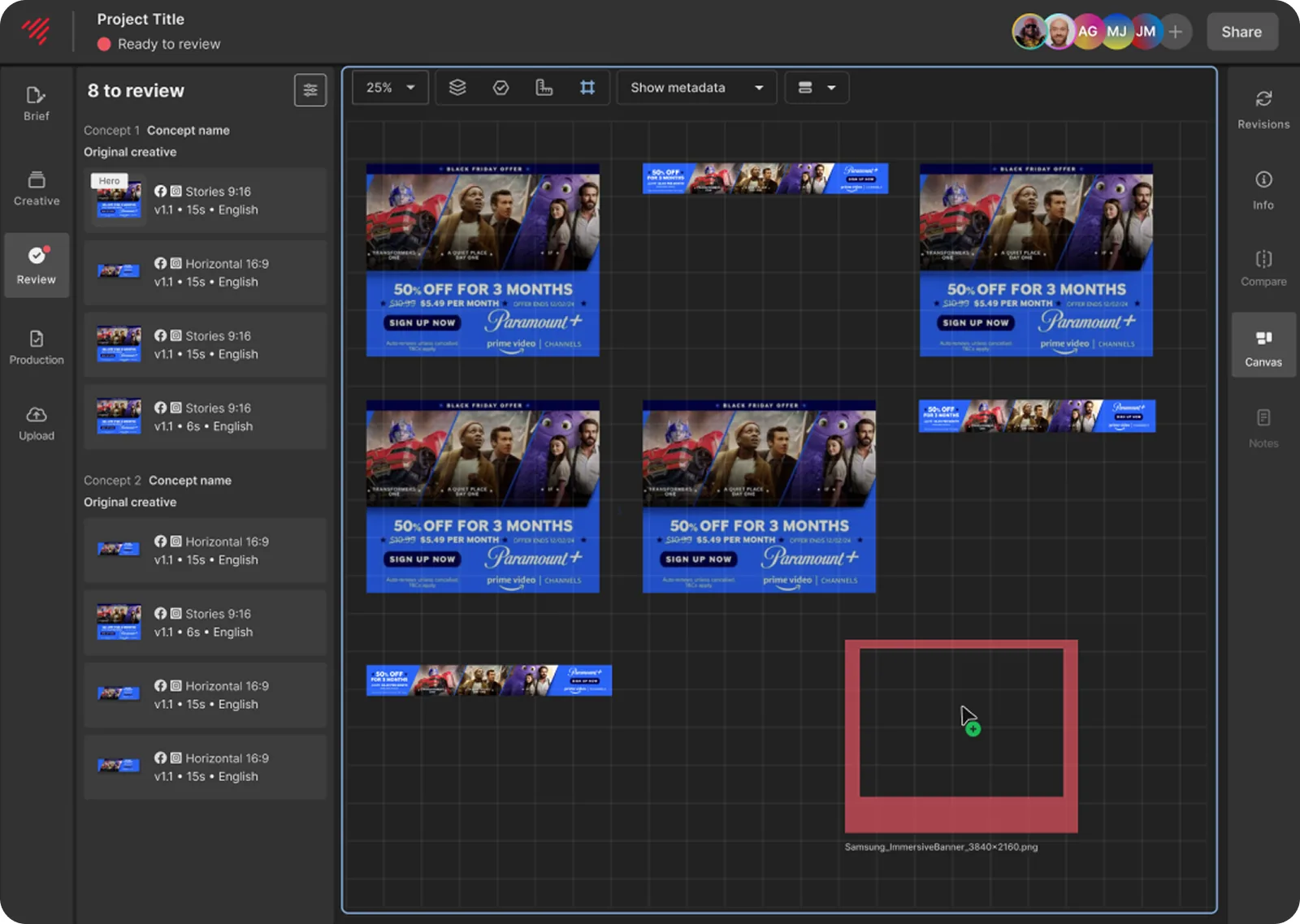 An asset being dragged across the canvas with a red safe-zone rectangle overlaid on top of another deliverable.