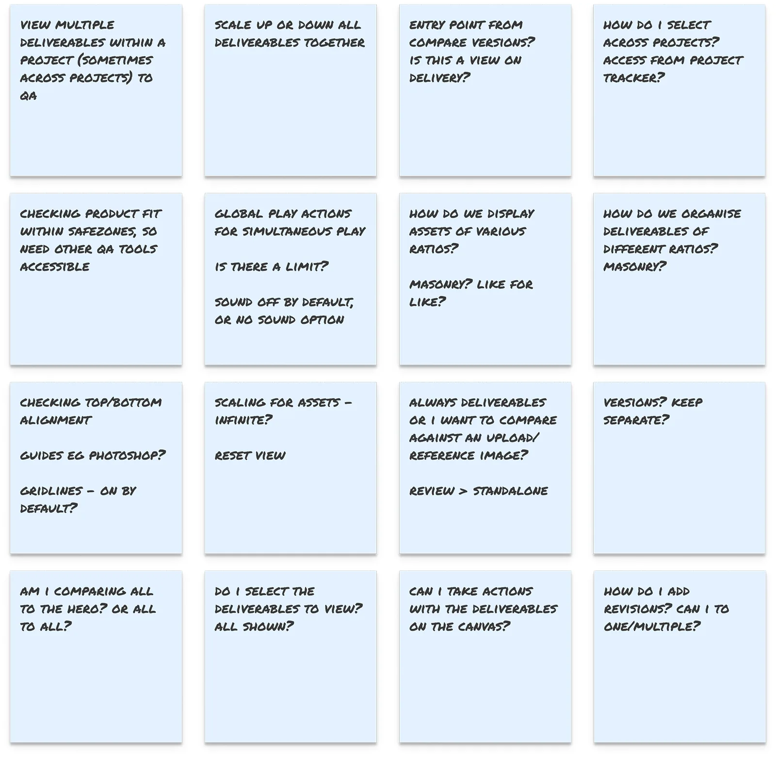 A grid of sticky notes capturing open questions about the tool, such as how to view multiple deliverables within a project, whether to display assets at different ratios, and how to handle scaling.