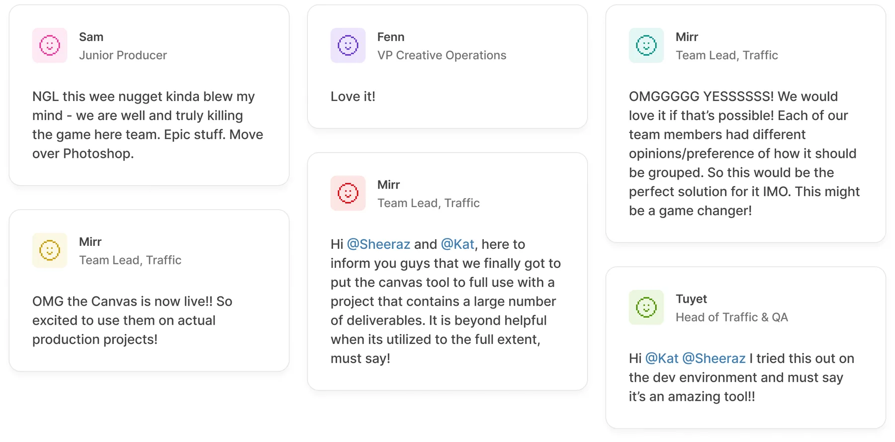 Six messages from the production team reacting to Canvas going live, from a junior producer, two team leads, the VP of creative operations, and the head of traffic and QA.