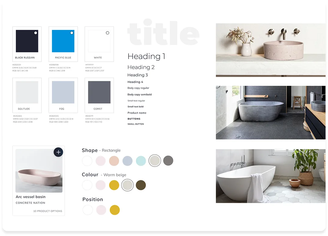 A brand direction board: a deep blue and grey colour palette, type hierarchy, and bathroom product photography.