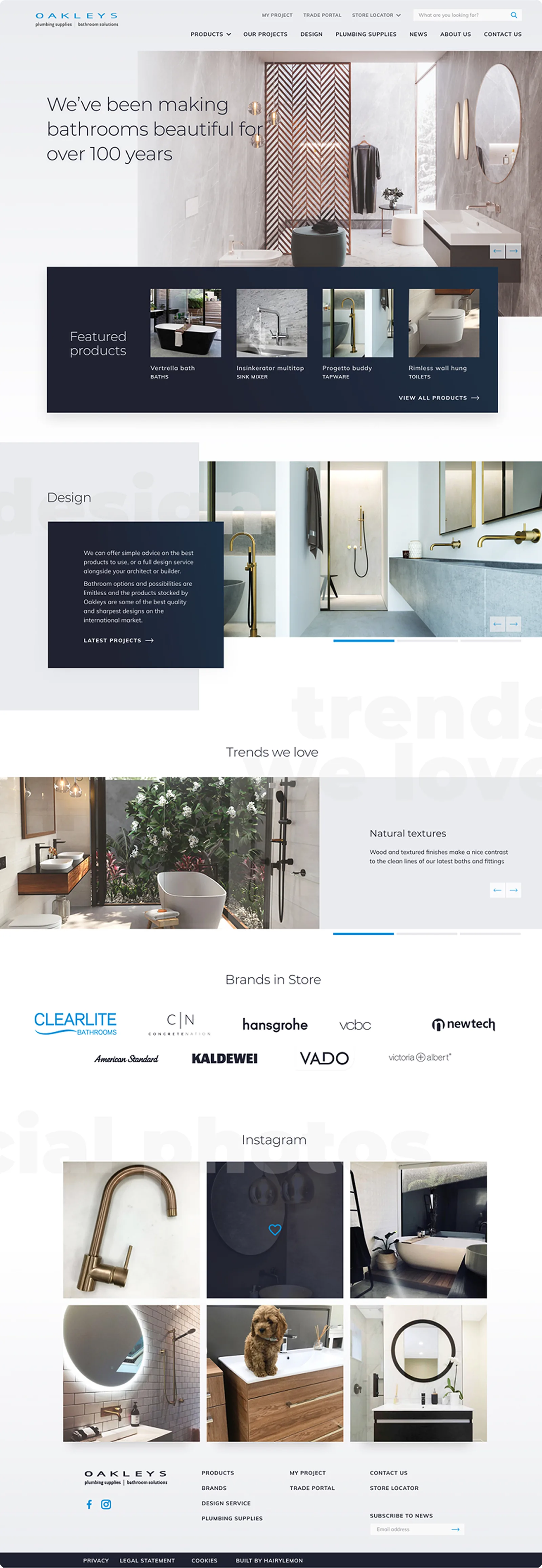 The full redesigned Oakleys homepage, top to bottom: hero, featured products, a design section, a trends feature, stocked brands, an Instagram grid, and the footer.