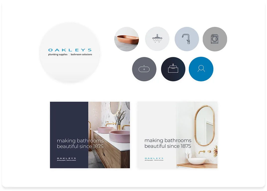 The Oakleys logo, a set of category icons, and two social media tiles reading “making bathrooms beautiful since 1875”.