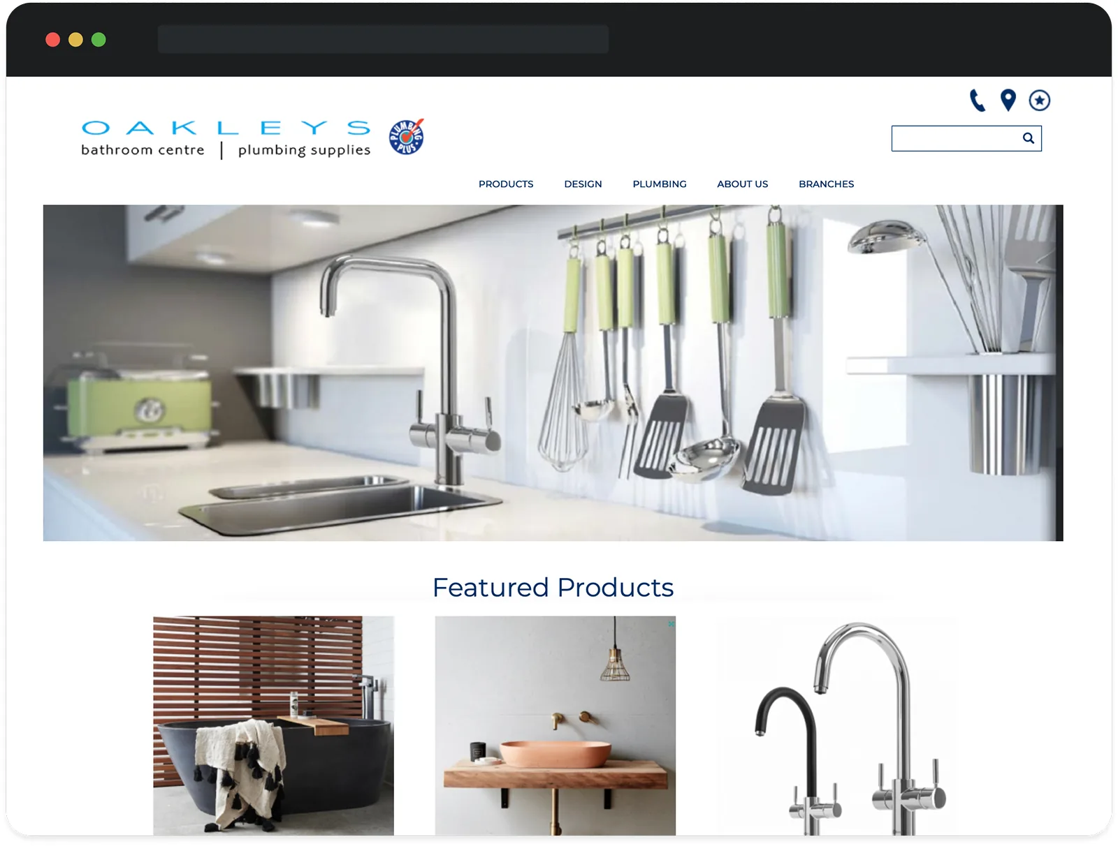 The original Oakleys Plumbing website: a dated layout with a large hero image and a row of featured products.