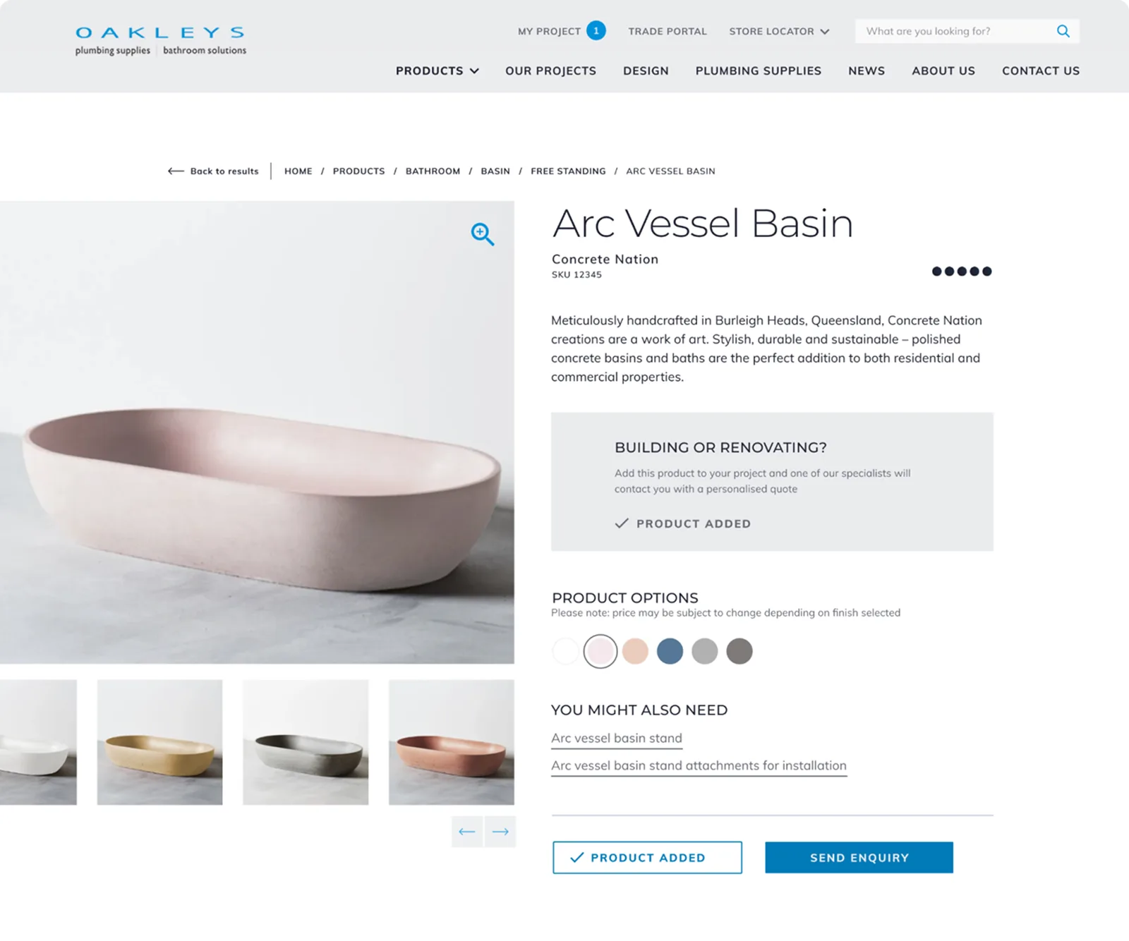 The redesigned product detail page for an Arc vessel basin, with large photography, specifications, and a request-a-quote action.