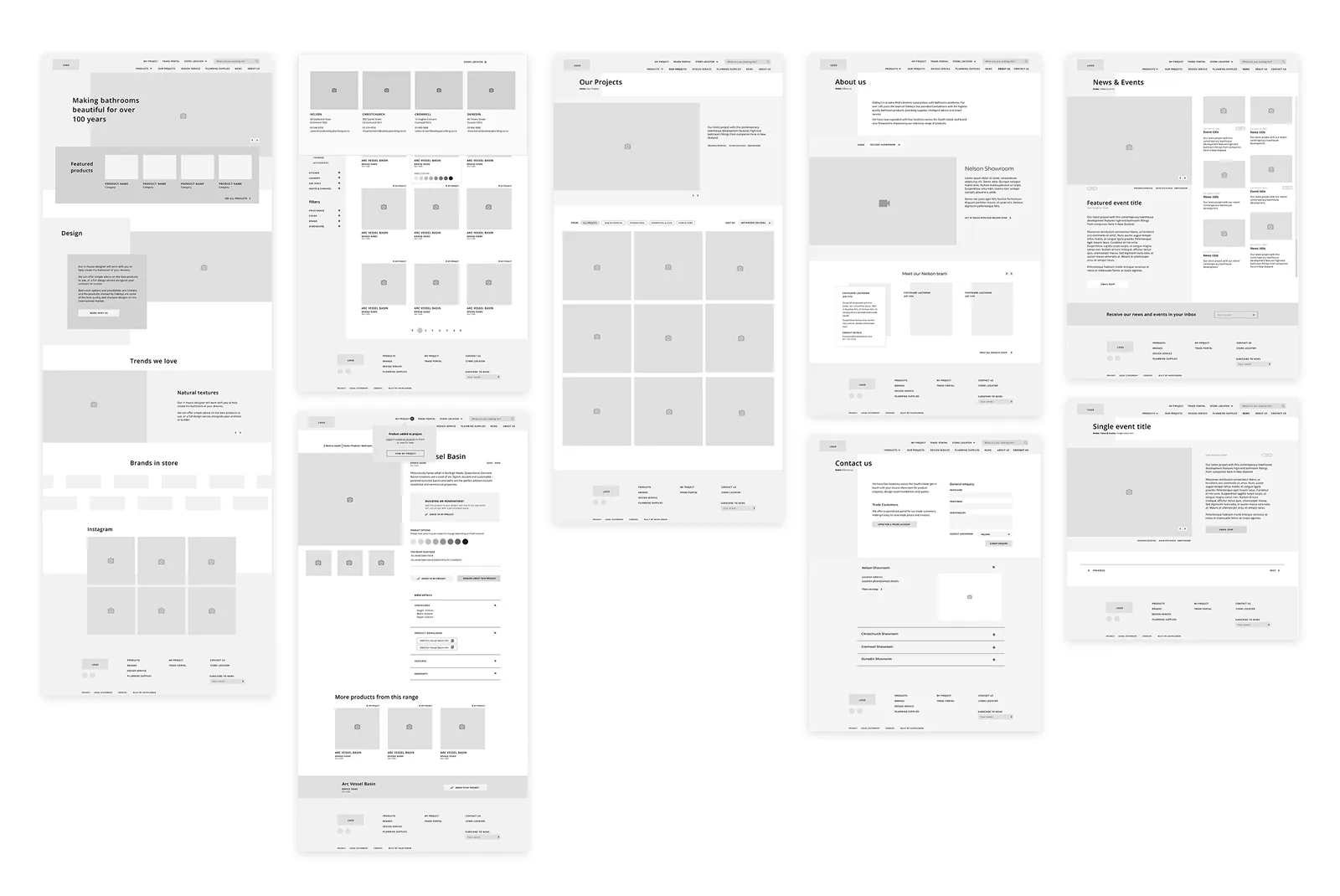 A set of greyscale wireframes covering the homepage, product listing, product detail and content pages.