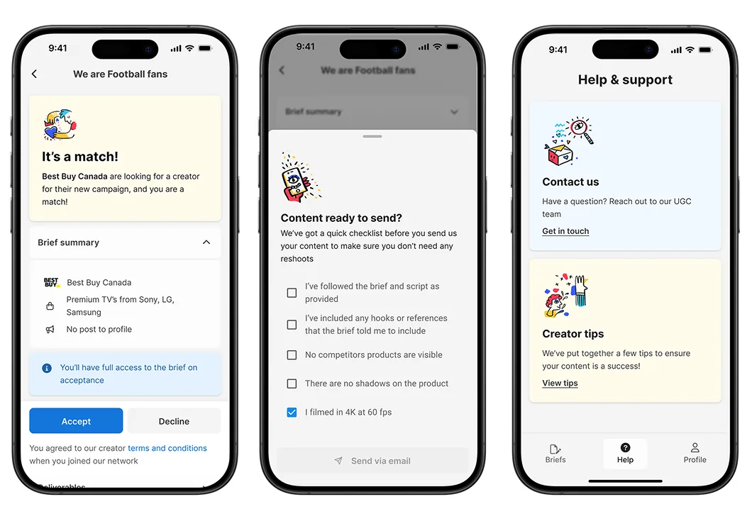 Three screens: a brief match notification, a content submission checklist, and a help and support screen.