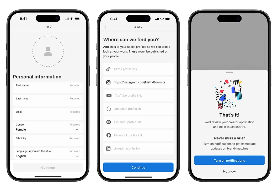 Three screens from the profile creation flow: personal information, social links, and a confirmation screen.
