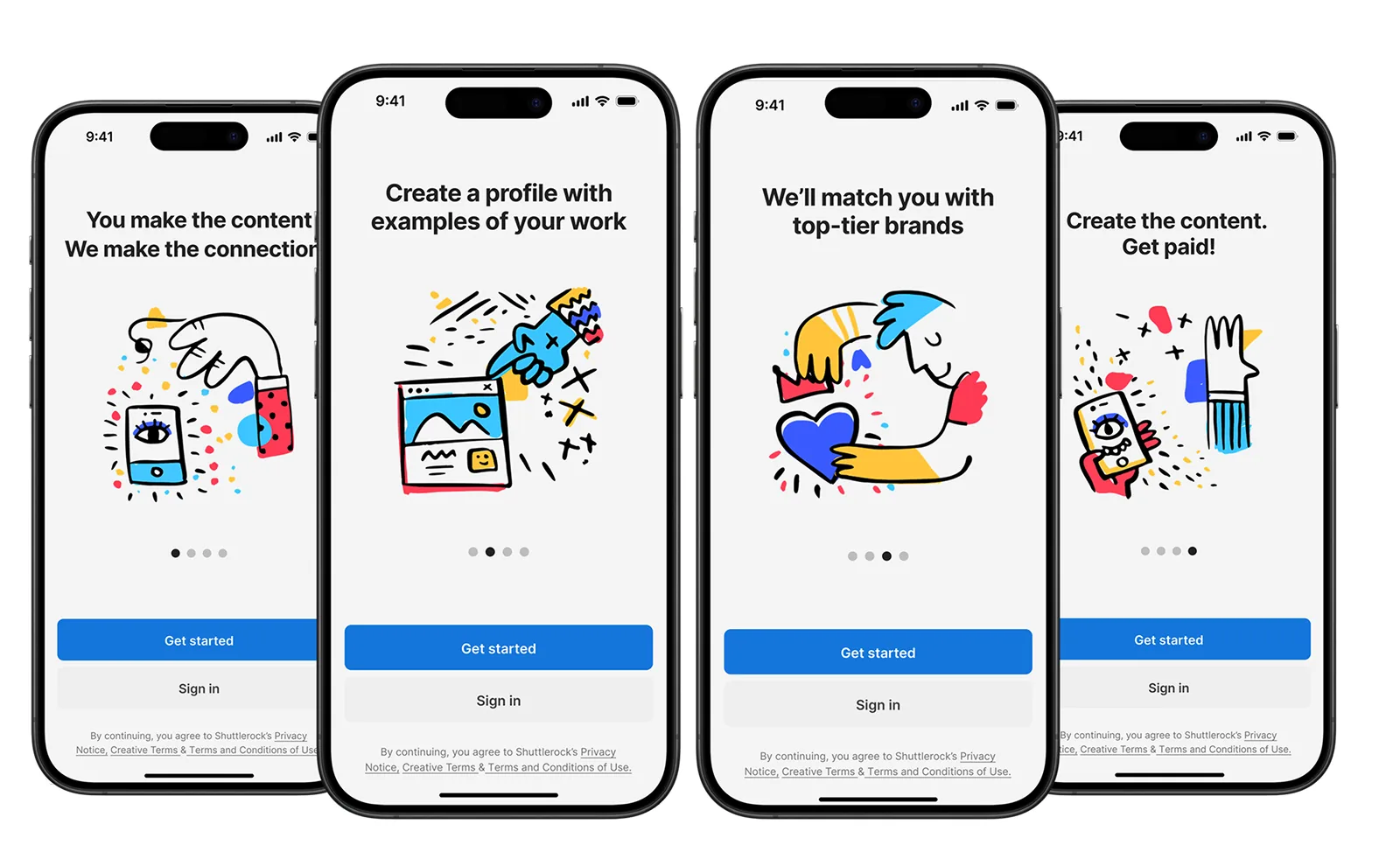 Four onboarding screens with illustrations: you make the content, create a profile with examples of your work, we'll match you with top-tier brands, take the content and get paid.