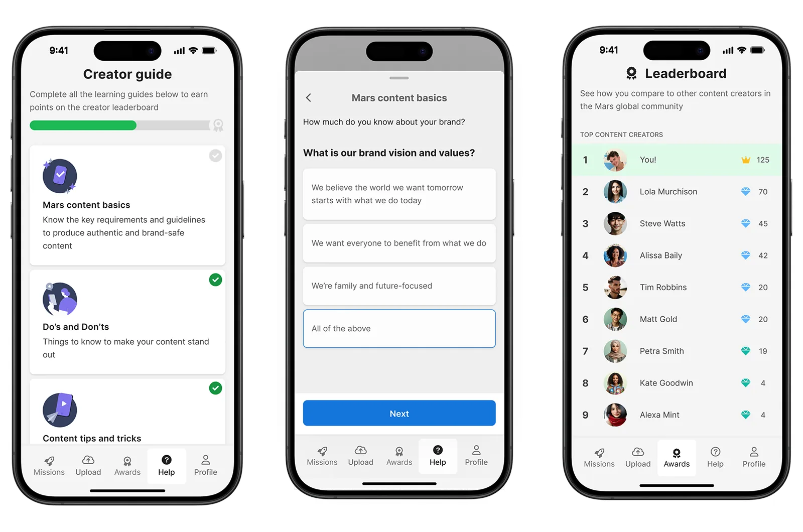 Mockups of a gamification flow: a creator guide, a quiz about brand vision and values, and a leaderboard.
