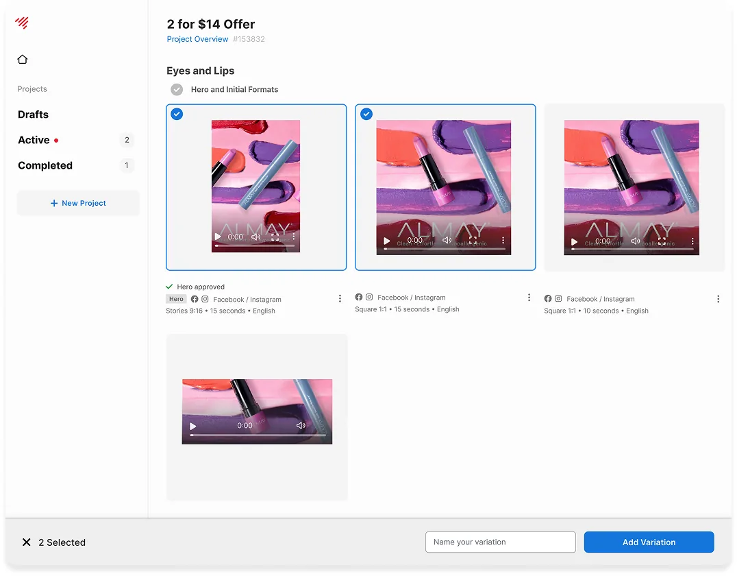 The variations interface with several approved deliverables selected and an add-variations action.