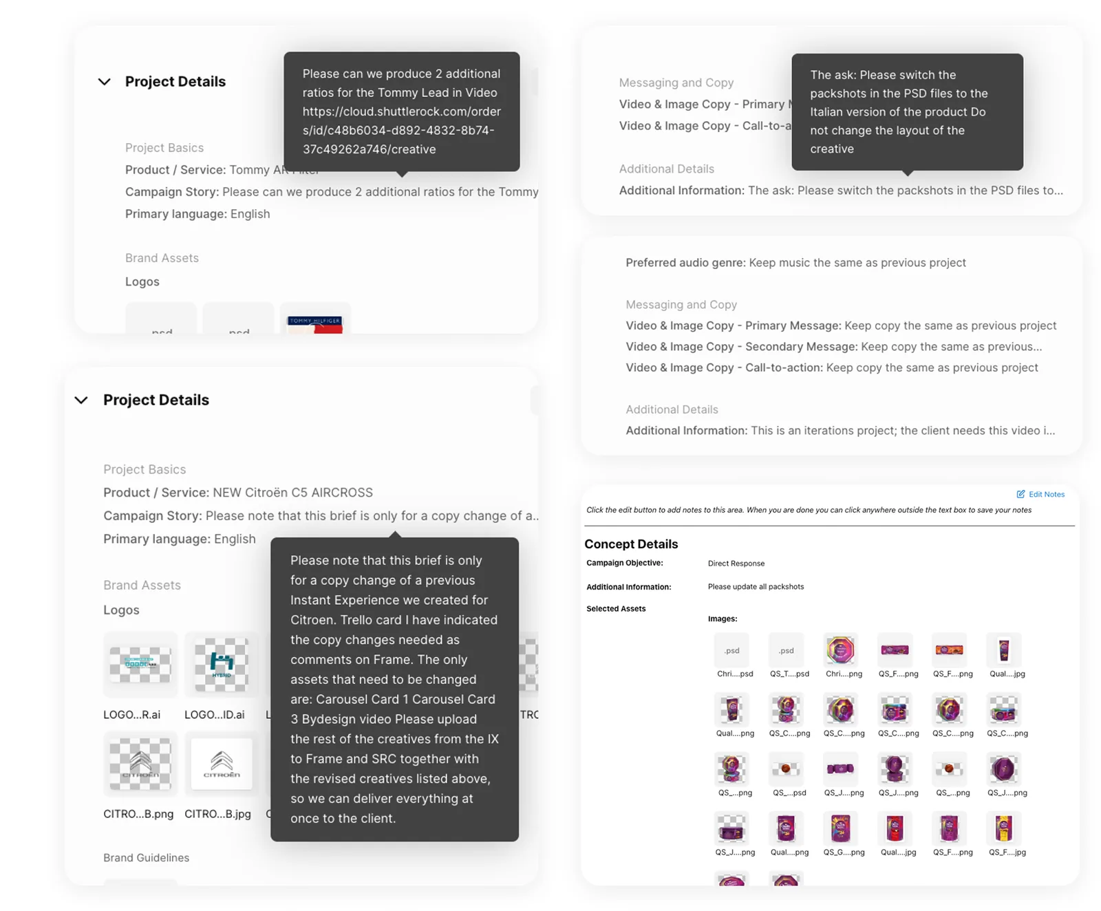 Research notes and screenshots showing customer requests for minor changes to old projects submitted as new briefs.