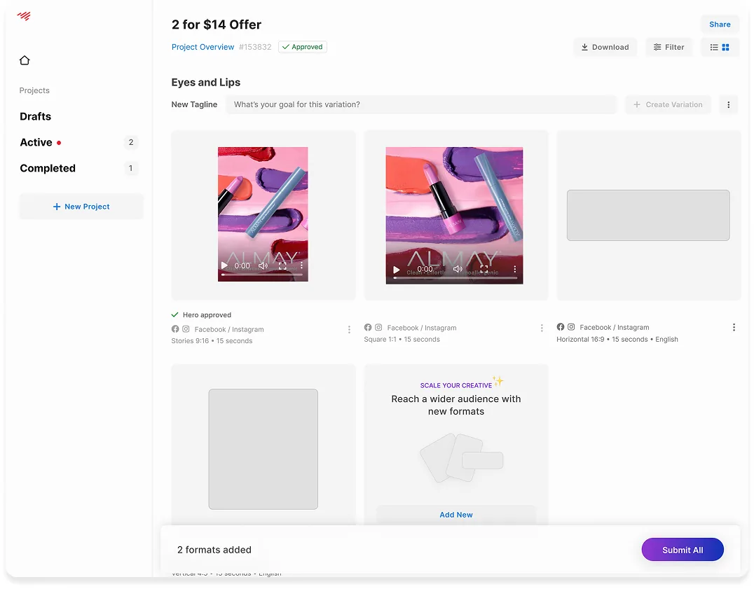 The scaling interface showing existing deliverables alongside empty format slots being added to reach a wider audience.